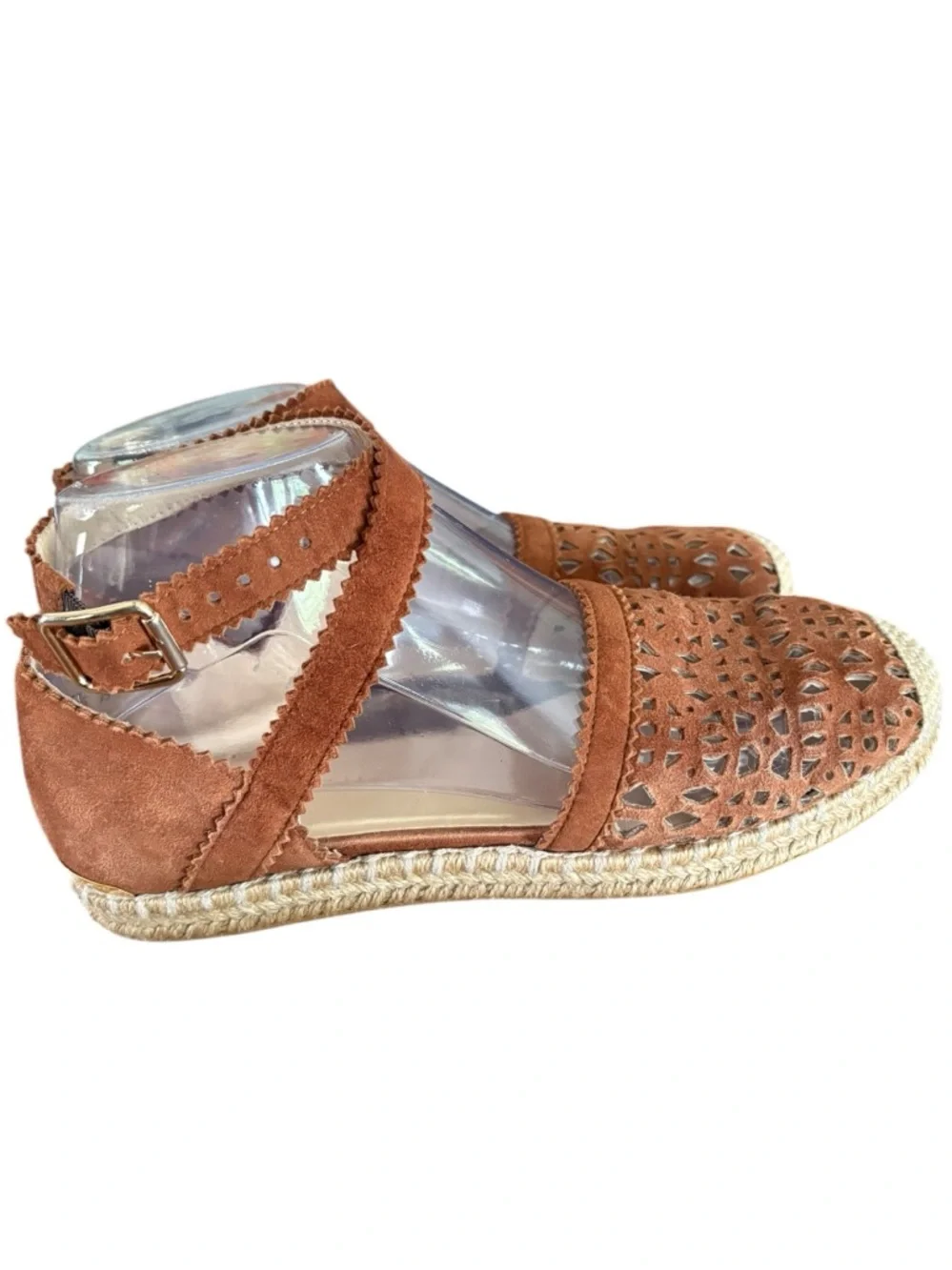 Stuart Weitzman Atalanta Brown Suede Laser Cut Flats, Ankle Strap Sz 6.5